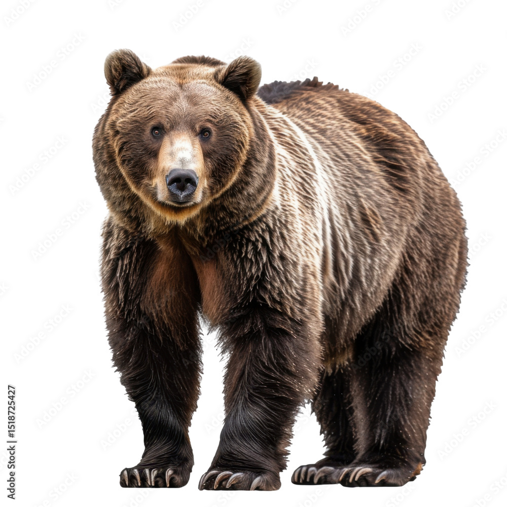 Fototapeta premium Realistic depiction of brown bear standing confidently, showcasing its thick fur and powerful build. bear expression conveys sense of strength and majesty, making it captivating subject