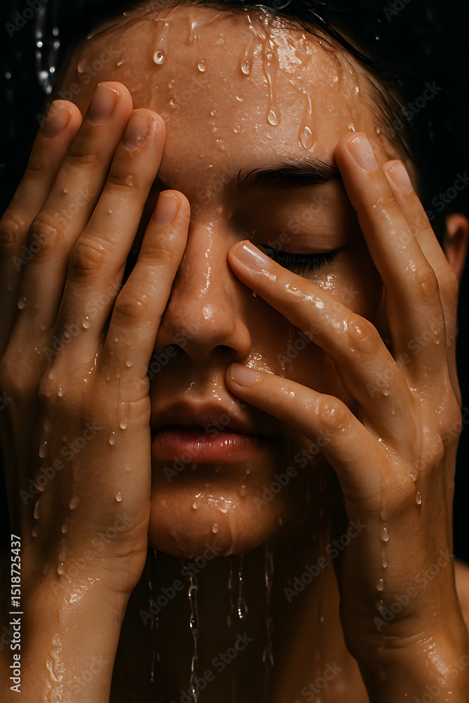 Fototapeta premium A person's face is shown with closed eyes, hands covering part of it, and water droplets dripping over their skin