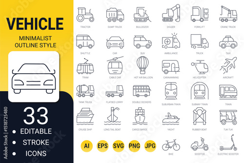 Vehicle, transport and delivery icon set – editable line vehicle symbols for travel and logistics