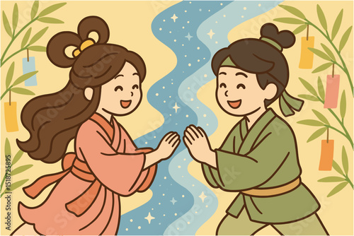 幸せな気持ちになる織姫と彦星の七夕イラスト