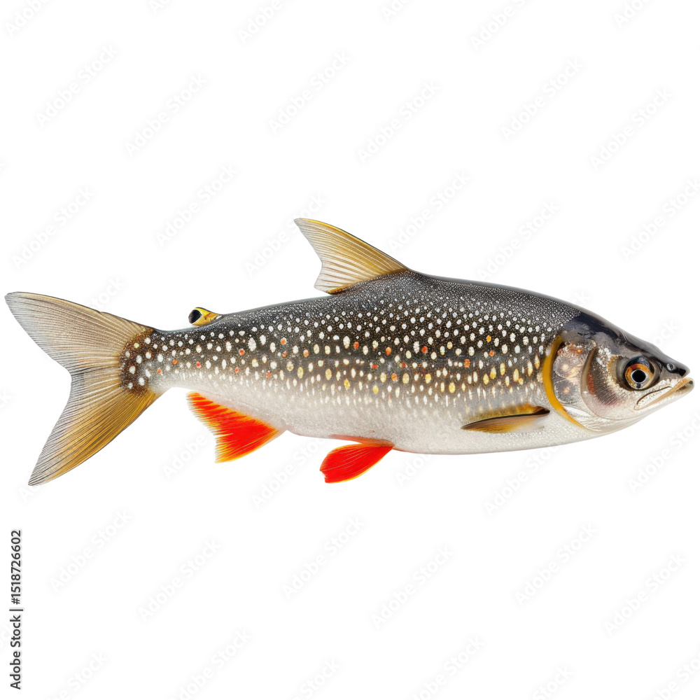 Fototapeta premium Image features vibrant fish with sleek body, adorned with distinctive spots and colorful fins, showcasing its natural beauty in captivating manner