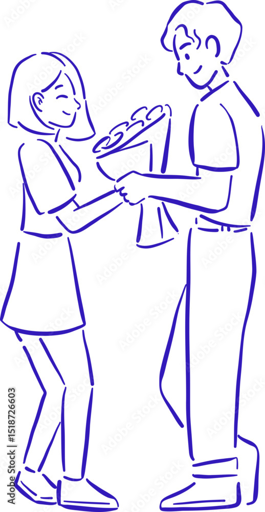 Line Art Couple Giving Flower Bouquet Line Art Couple Giving Flower Bouquet