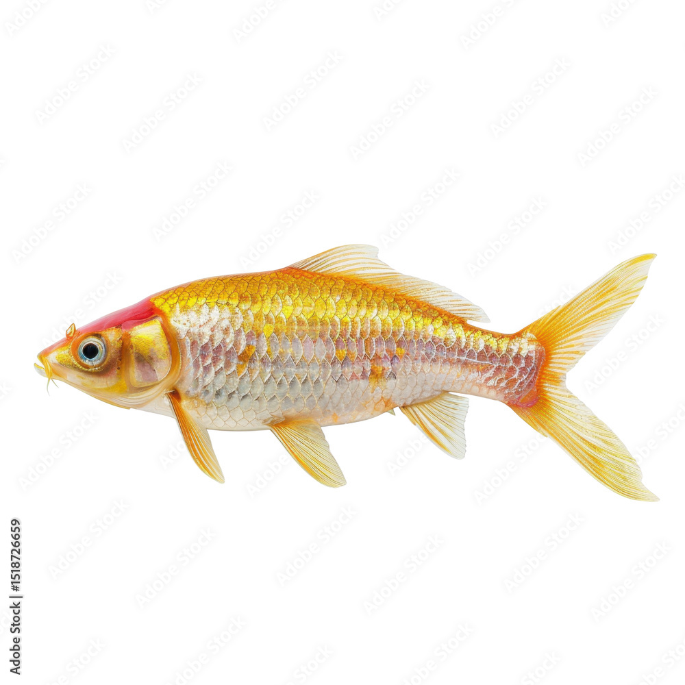 Vibrant goldfish with shimmering scales and striking red head, swimming gracefully against transparency background, showcasing its beauty and elegance Vibrant goldfish with shimmering scales and striking red head, swimming gracefully against transparency background, showcasing its beauty and elegance
