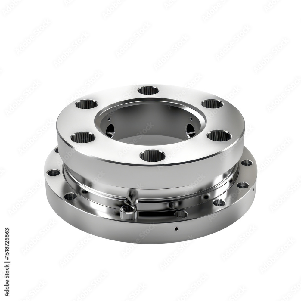 Polished metal flange with multiple holes for fastening, designed for industrial applications. This component showcases precision engineering and durability, ideal for various mechanical systems Polished metal flange with multiple holes for fastening, designed for industrial applications. This component showcases precision engineering and durability, ideal for various mechanical systems