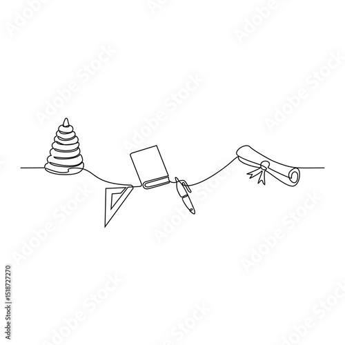 One continuous line drawing of basic education concept vector illustration. The design is showing the bridge of knowledge. a curved bridge connecting two sides: the left side. Education design vector