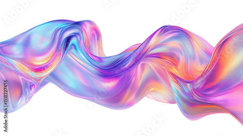 Holographic fluid wave with metallic glossy texture and iridescent effect, isolated on transparent background cutout