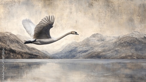 Fototapeta Naklejka Na Ścianę i Meble -  A swan soars above a serene lake nestled amongst majestic mountains