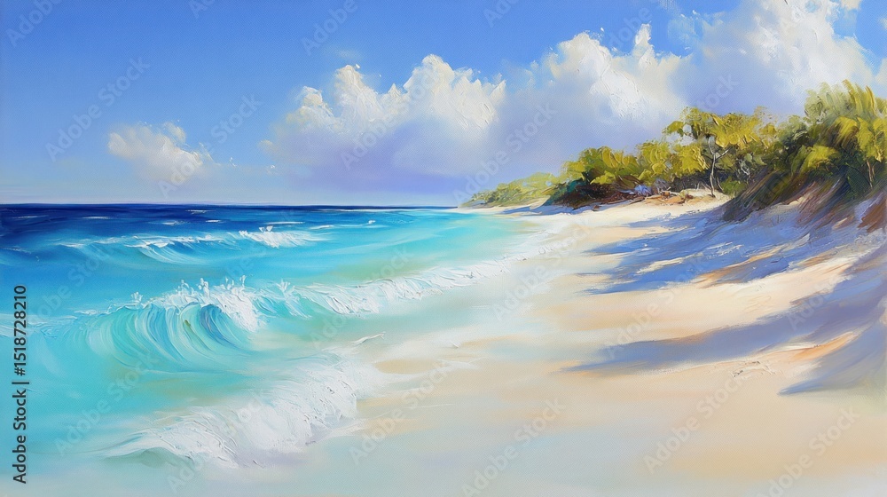 Obraz premium Vibrant beach scene with turquoise water, sandy shore, and tropical trees under a clear sky