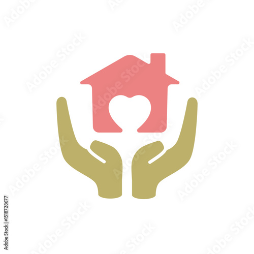 Icon of two hands supporting a house with a heart symbol inside, suitable for non-profit organizations, charities, social campaigns, adoption websites, or materials related to child and family welfare