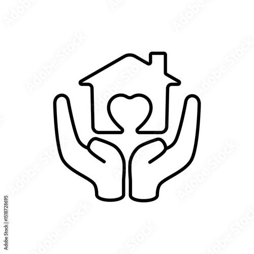 Icon of two hands supporting a house with a heart symbol inside, suitable for non-profit organizations, charities, social campaigns, adoption websites, or materials related to child and family welfare