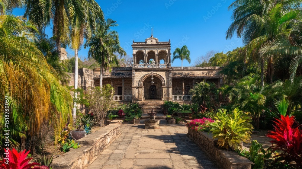 Obraz premium Lush tropical garden surrounds a historic building