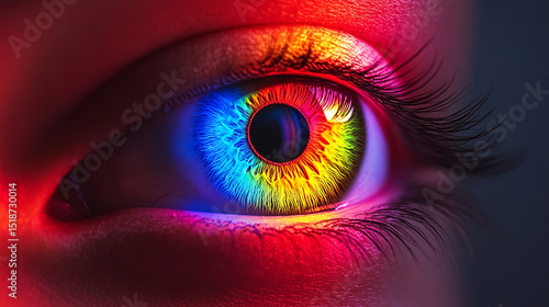 3D digital rendering of a multicolored human iris formed by scattered rainbow lines and binary light—symbolizing identity, vision, biometrics, AI perception, and the fusion of tech and humanity.
