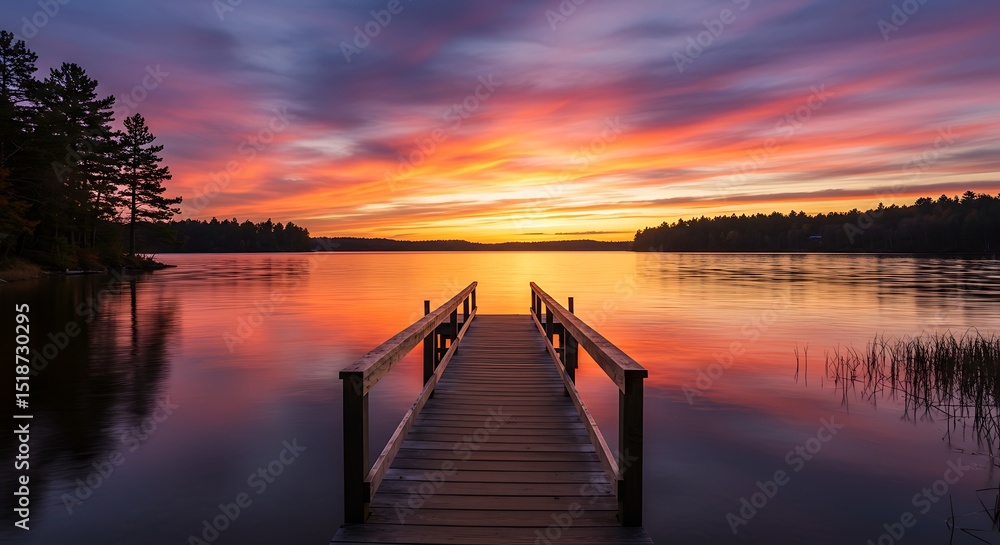 Fototapeta premium Serene Sunset over Calm Lake Wooden Dock Leading to Golden Horizon