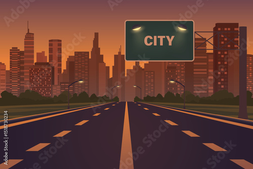 Vector City Highway at Sunset with Streetlights and Skyline Silhouette. Urban Cityscape with Empty City Road, Skyscraper Background, Modern City View Banner, Poster, Travel, City Design Concept