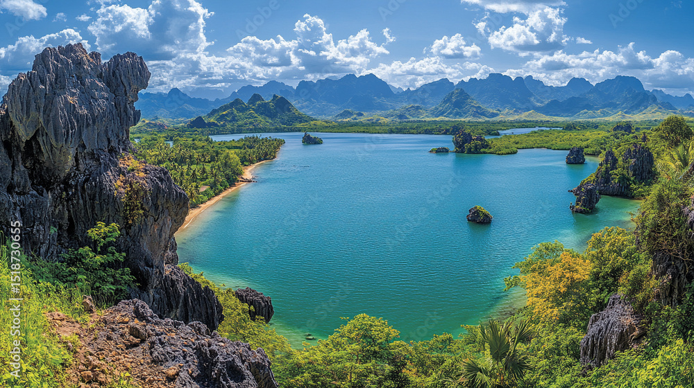 Obraz premium A tranquil tropical bay with turquoise waters, white sand, and lush cliffs—symbolizing paradise, natural beauty, serenity, eco-tourism, and the escape to untouched scenic landscapes. 