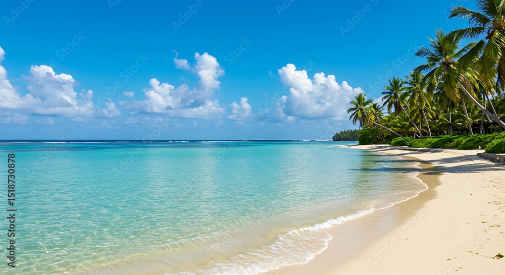 Fototapeta premium Serene Tropical Beach Paradise Azure Waters, White Sand, and Palm Trees