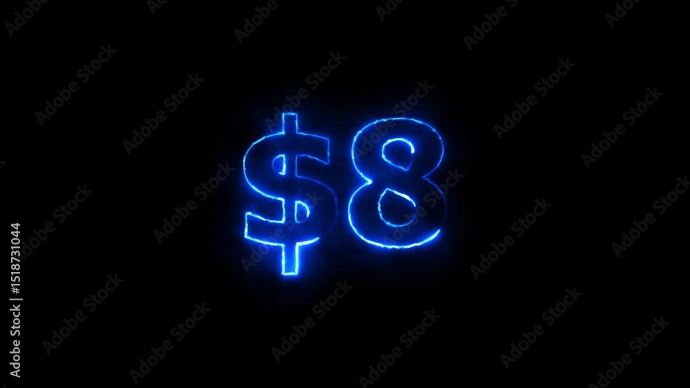 neon 8 dollar text icon. animation on black background.Neon glowing Number counter from neon 8 dollar text icon. animation on black background.Neon glowing Number counter from