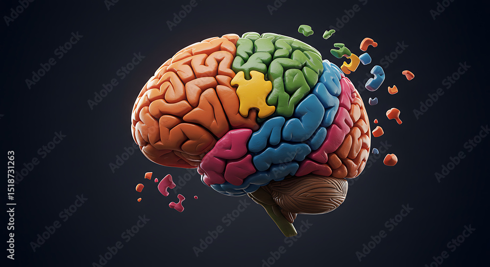 Stylized human brain depicted as a colorful jigsaw puzzle with some pieces detached, on a dark background. Concept of mind, psychology, and problem-solving.
Stylized human brain depicted as a colorful jigsaw puzzle with some pieces detached, on a dark background. Concept of mind, psychology, and problem-solving.