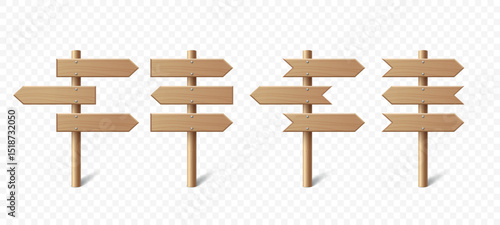 Vector Realistic Wooden Blank Sign Post Set. Realistic Road Signboard. Plywood Pointer, Timber, Directional Sign Design Template, Front View. Vector Illustration in 3D Style