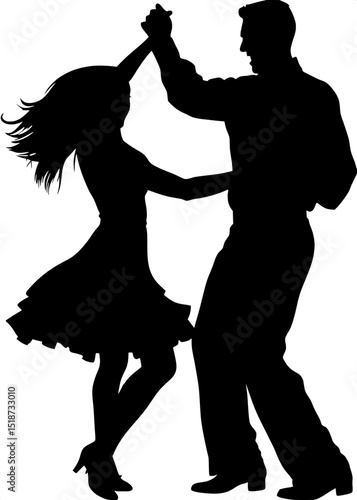 "Stylized black-and-white silhouettes of a man and woman dancing salsa, captured mid-spin. The woman's long hair and flared skirt are caught in motion. The man's posture is bold and leading. Curving l