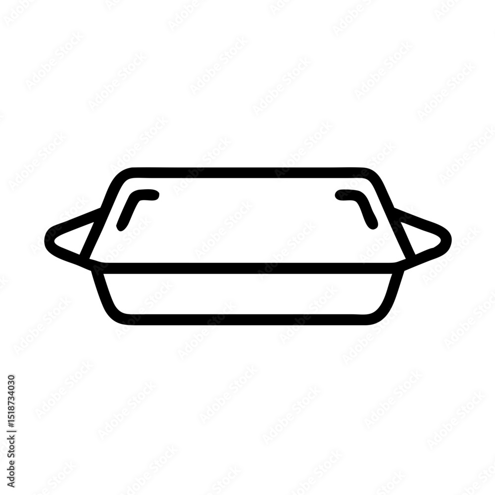 Outline drawing of a rectangular baking dish with handles on either side in a simple design style Outline drawing of a rectangular baking dish with handles on either side in a simple design style