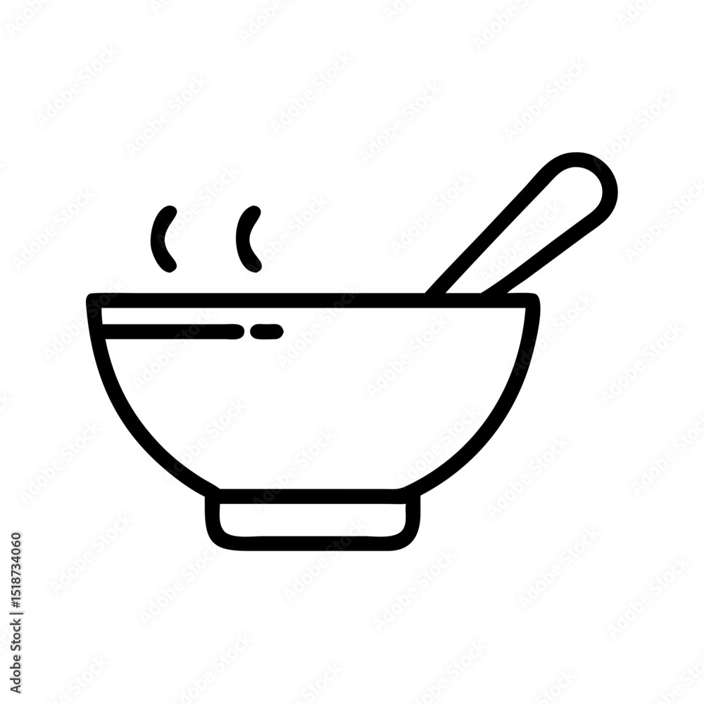 Outline drawing showing a bowl of hot food with a spoon, simple design, black lines, white background Outline drawing showing a bowl of hot food with a spoon, simple design, black lines, white background