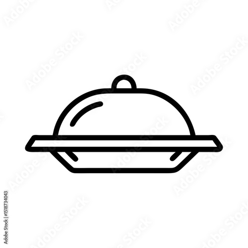 Simple graphic of a covered serving dish with a handle on top in black outline style drawing design