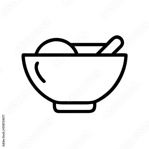 Outline drawing of a bowl filled with food and a spoon resting inside it on a white background