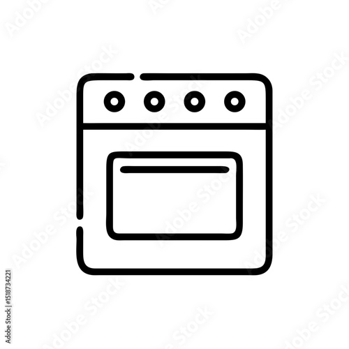 A minimalist depiction of an oven with circular controls and a rectangular door outline design element