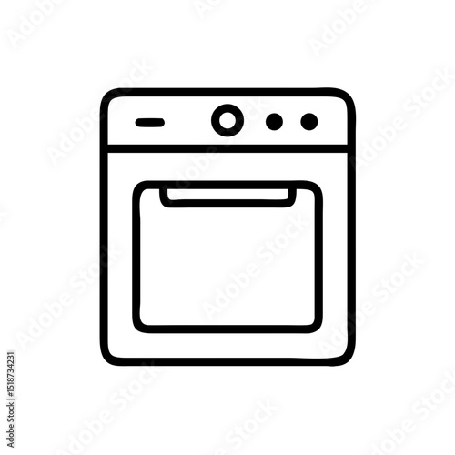 A simple outline drawing of a kitchen appliance with a door and three control knobs on top panel