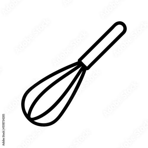 Outline drawing of a kitchen utensil used for mixing ingredients with a handle and wire loops design