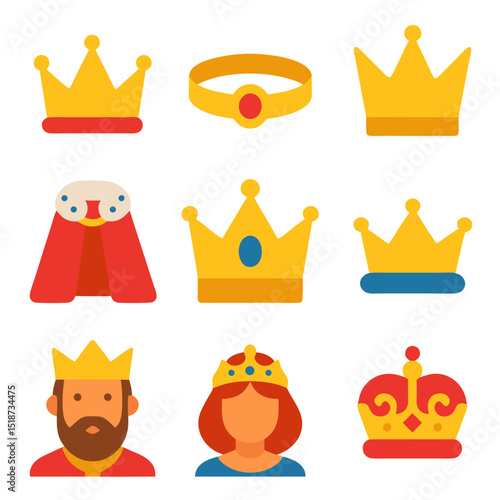 Nine flat icons depicting various royal symbols.