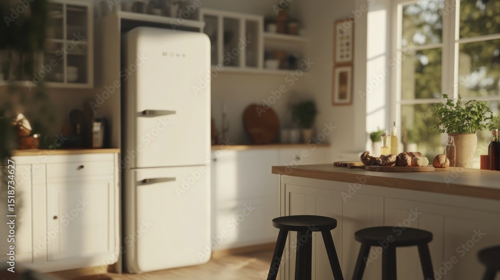 Fototapeta premium Sunlit kitchen interior with vintage refrigerator.