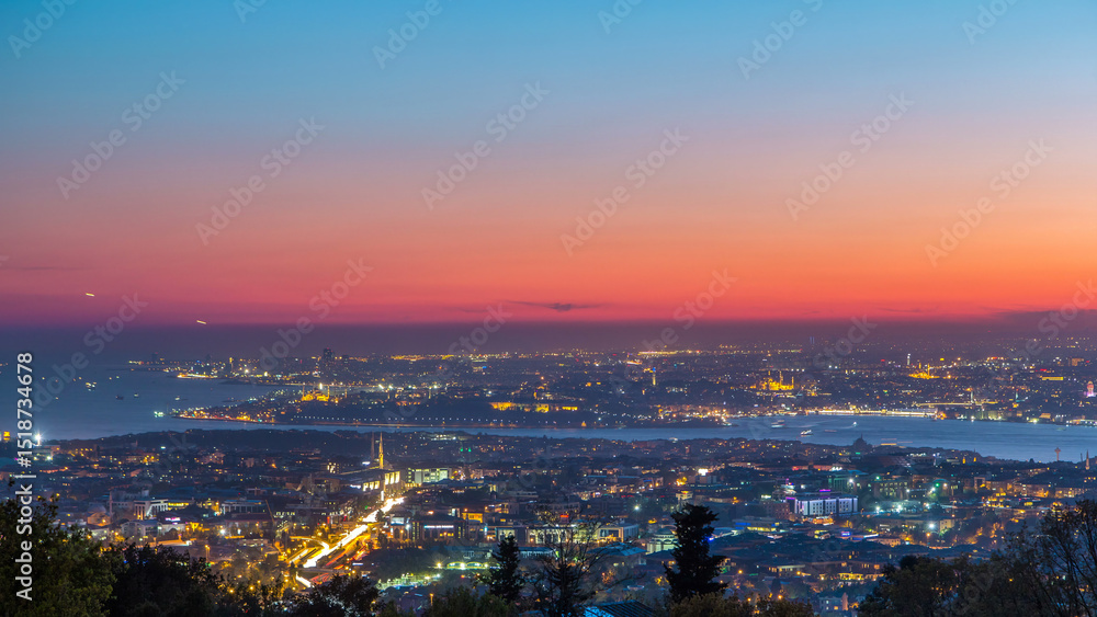 Obraz premium Istanbul classical night skyline scenery day to night timelapse, view over Bosporus channel.