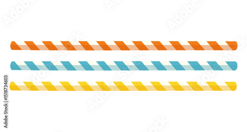 Set of three striped drinking straws in orange, blue and yellow colors. Cartoon vector illustration on white background