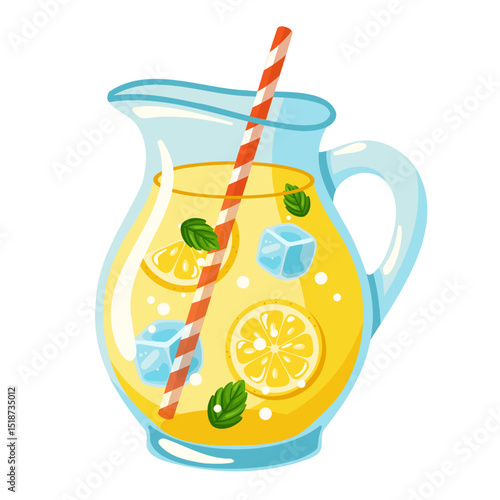 Glass pitcher with lemonade, lemon slices, ice cubes, mint and striped straw. Cartoon vector isolated illustration 