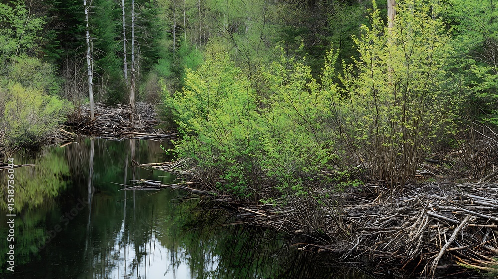 Fototapeta premium Serene Springtime Beaver Dam in Lush Forest Pond Reflecting Trees