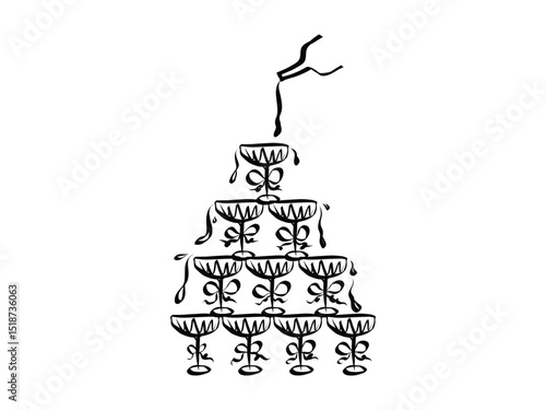 Champagne tower in whimsical doodle style. Coquette aesthetic elements of hand drawn line art. Symbols for Valentine day and invitations templates. Doodle vector illustration