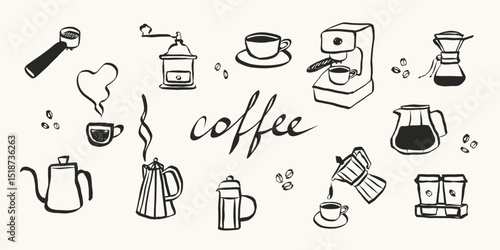 Coffee set in hand drawn doodle style. Retro whimsical symbols for cafeteria menu and business breakfast invitation. Trendy and cute art for social media. La dolce vita vector illustration