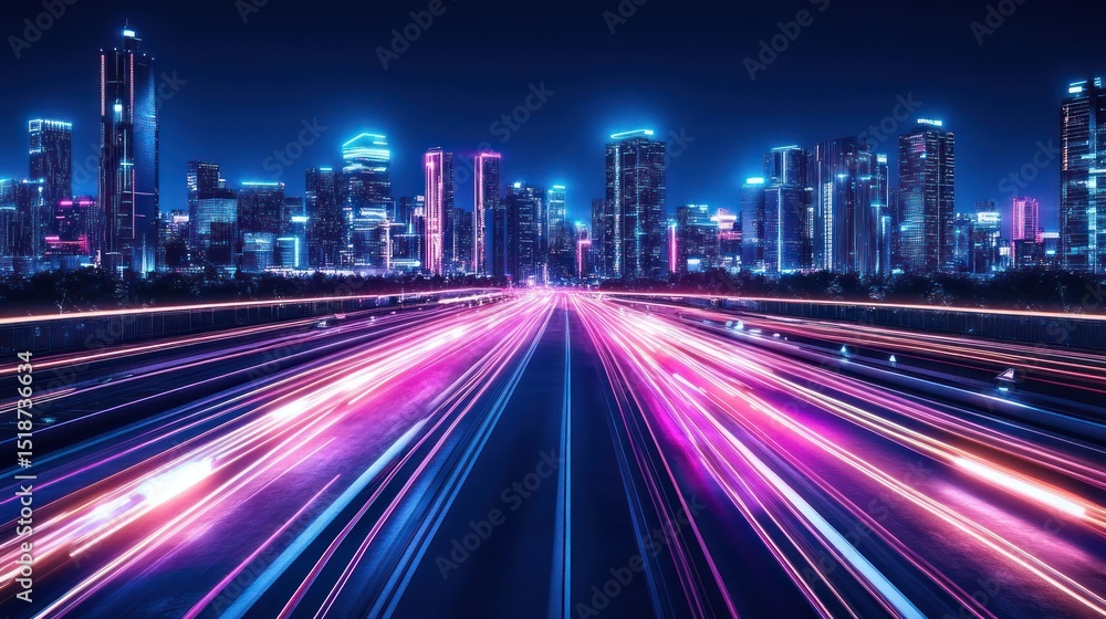 Fototapeta premium Night city lights blur, fast motion