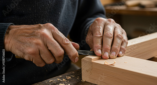 Skilled hands carving wood with a sharp chisel and wood shavings