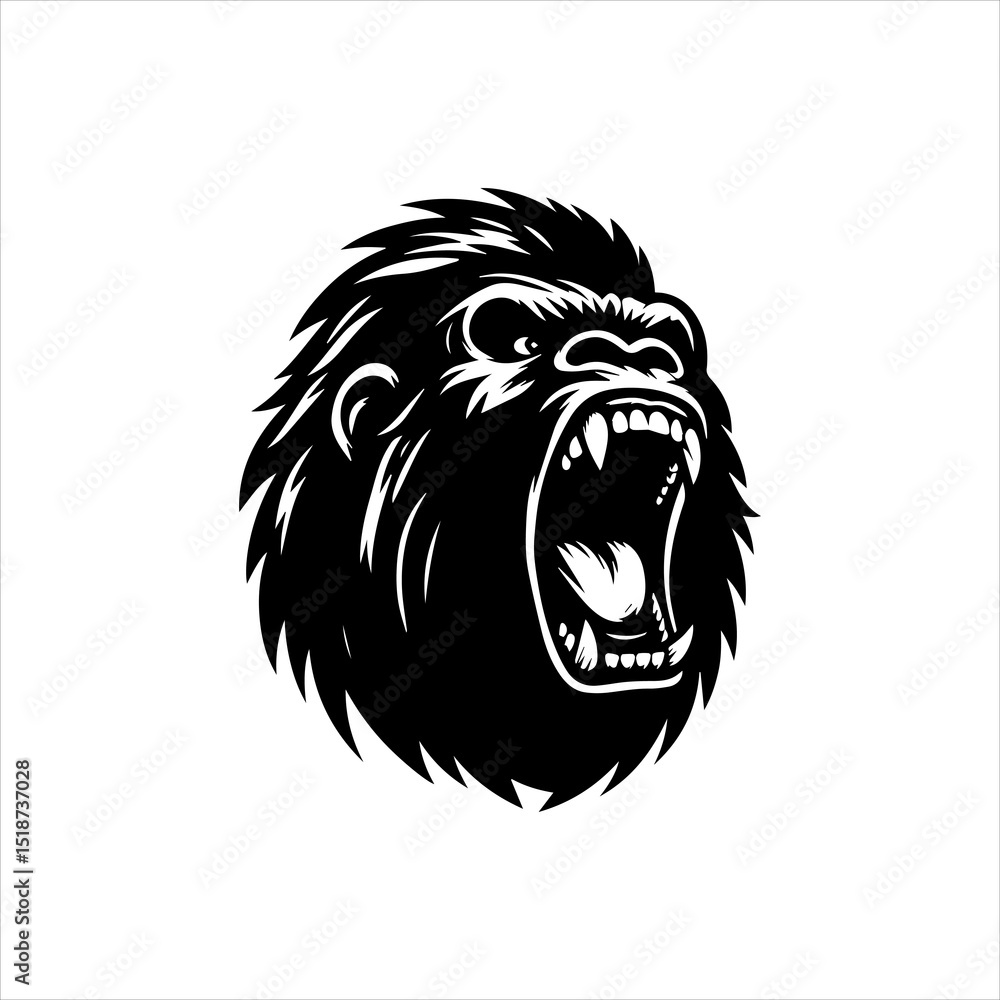 Detailed black vector illustration logo of a roaring gorilla head, mouth wide open showing sharp teeth, fierce expression with intense eyes, strong jawline and wild fur texture. Medium detail, bold an Detailed black vector illustration logo of a roaring gorilla head, mouth wide open showing sharp teeth, fierce expression with intense eyes, strong jawline and wild fur texture. Medium detail, bold an