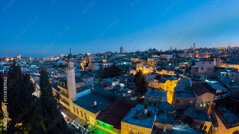 Naklejka premium Skyline of the Old City in Jerusalem with historic buildings aerial timelapse, Israel.