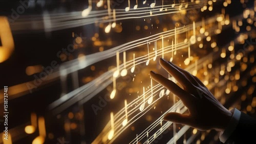 Virtuoso conductor. The profession of a conductor. A person's hand is reaching out to touch a sheet of music with various notes on it. The hand is hovering over the middle of the sheet, possibly tryin