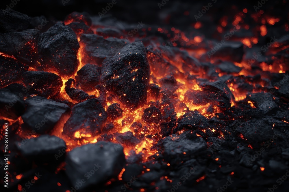 Molten rock glows amidst dark volcanic material. Molten rock glows amidst dark volcanic material.