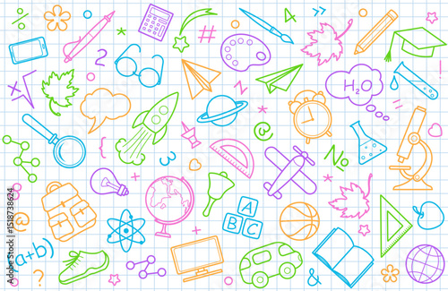 Back to school. School background with various icons of education and stationery. Symbols and signs on sheet of exercise book. Seamless pattern. Textile, wrapping paper and website design. Isolated.