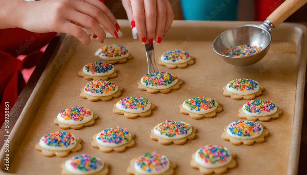 Fototapeta premium A woman is decorating sugar cookies with sprinkles on a baking sheet.