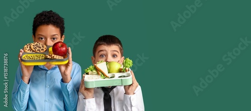 Cute schoolboys holding lun...