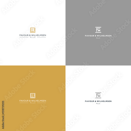 A fourpanel logo display two versions of Favour  Wilhelmsen PLLC in varied colors and backgrounds