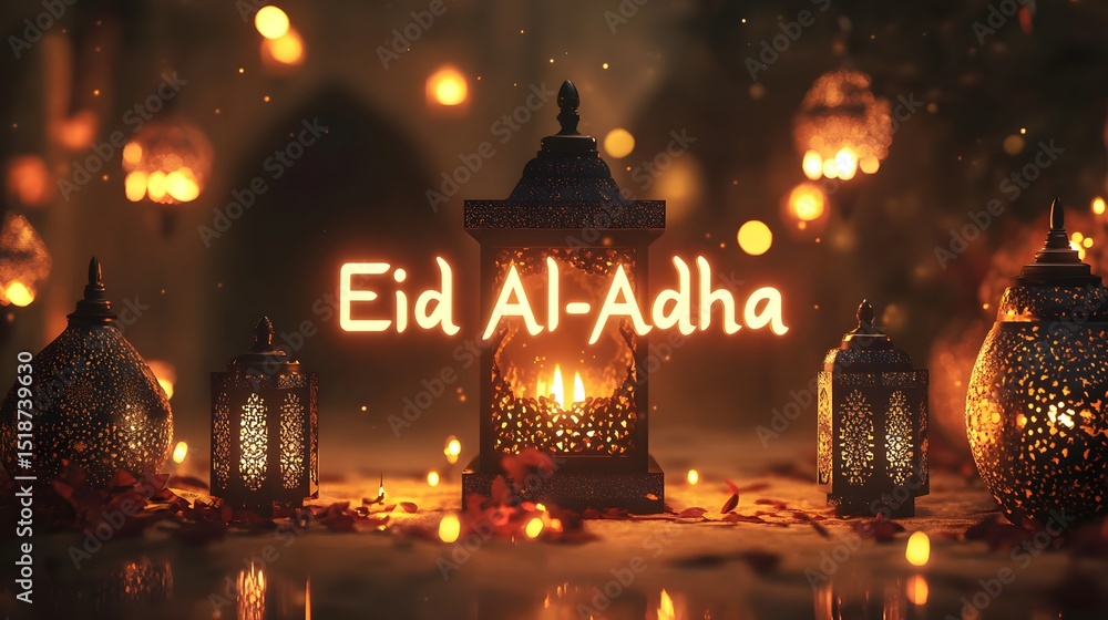 Eid Al-Adha festive celebration with illuminated lanterns and soft bokeh lights Eid Al-Adha festive celebration with illuminated lanterns and soft bokeh lights